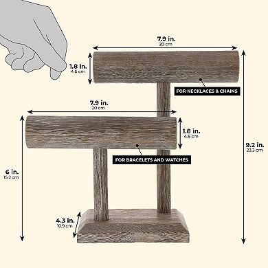 Rustic-Style 2-Tier Jewelry Organizer Stand, Wooden T-Bar Jewelry Holder, 8x4x9