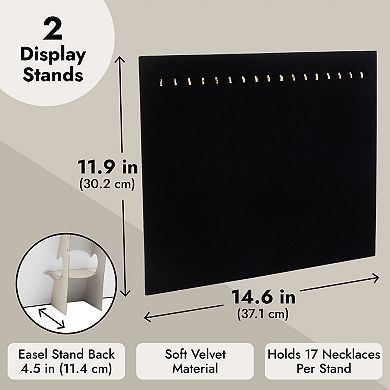 2 Pack Jewelry Display Boards with Hooks, Black Velvet Boutique Necklace Stands for Pop Up Shop (14.6 x 11.9 x 4.5 In)