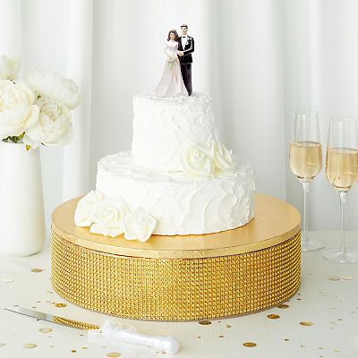 Sparkle and Bash 2 Piece Gold Wedding Cake Stand with Rhinestones and 16 inch Cake Drum for Birthday and Banquets