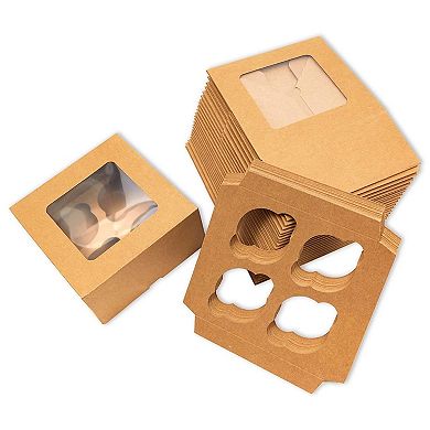 Kraft Cupcake Boxes with 4 Inserts and Window for Weddings and Birthdays (24 Pack)