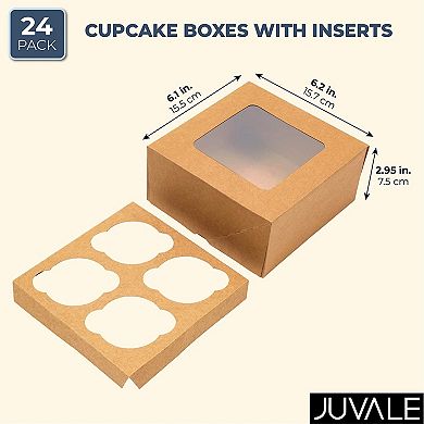 Kraft Cupcake Boxes with 4 Inserts and Window for Weddings and Birthdays (24 Pack)