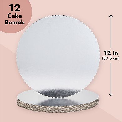 12 Pack Silver 12 Inch Cake Drums for Baking, Round Scalloped Cake Boards for Desserts, Bakery