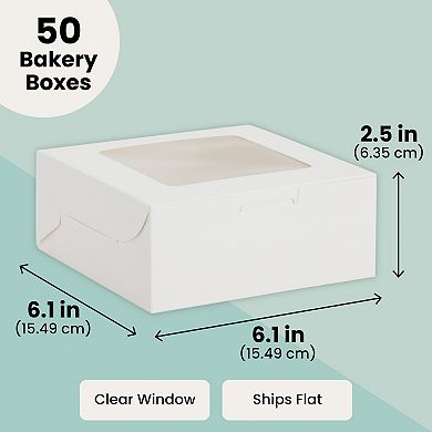 50 Pack 6x6 Bakery Box with Window, White Cookie Boxes, Disposable Containers for Cupcakes, Treats, Pastries, Dessert Boxes for Gifting, Selling, Special Events