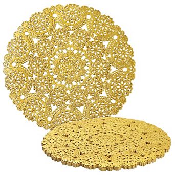 60 Pack Gold Paper Doilies 10 inch, Round Medallion Lace, Wedding Decorative Placemats