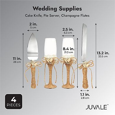 4 Piece Rustic-Style Wedding Cake Knife and Server Set with Champagne Glasses for Bride and Groom, Jute Handles, Wood Heart and Burlap Lace Design, Farmhouse, Country Theme Reception Supplies