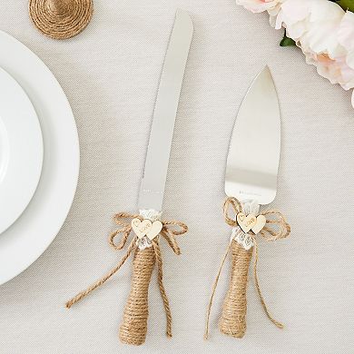 4 Piece Rustic-Style Wedding Cake Knife and Server Set with Champagne Glasses for Bride and Groom, Jute Handles, Wood Heart and Burlap Lace Design, Farmhouse, Country Theme Reception Supplies