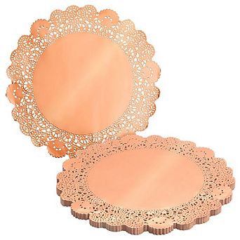 100 Pack Metallic Lace Round Copper Orange Placemats for Formal Events, 10 in