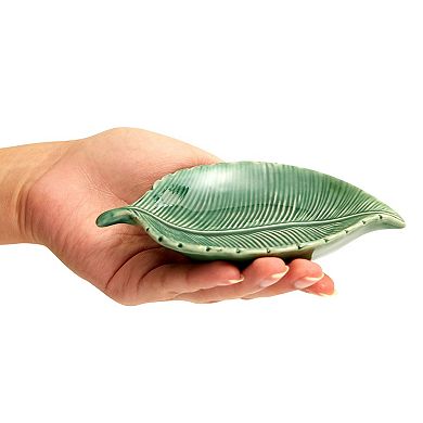 2 Pack Leaf Shaped Trinket Tray, Small Ceramic Jewelry Dish (5.3 x 3.6 x 0.8 In, Green)