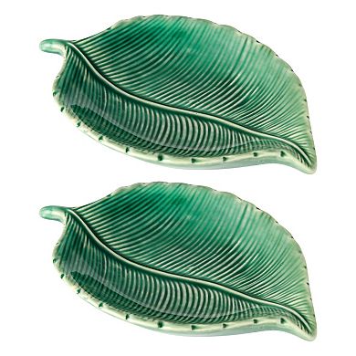 2 Pack Leaf Shaped Trinket Tray, Small Ceramic Jewelry Dish (5.3 x 3.6 x 0.8 In, Green)