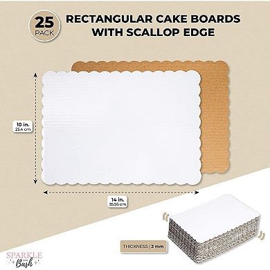 White Foil Cake Boards, Scalloped Rectangle Dessert Base (14 x 10 In, 25 Pack)