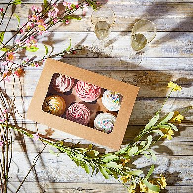 Kraft Cupcake Boxes with 6 Inserts and Window for Weddings and Birthdays (24 Pack)