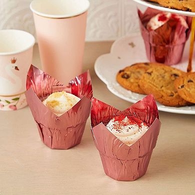 Rose Gold Tulip Cupcake Liners, Foil Muffin Baking Cups (3.25 x 2.8 In, 100 Pcs)