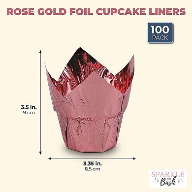 Rose Gold Tulip Cupcake Liners, Foil Muffin Baking Cups (3.25 x 2.8 In, 100 Pcs)