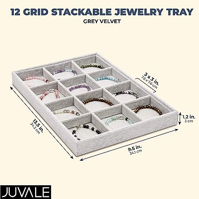 12 Grid Stackable Jewelry Tray (13.5 x 9.5 Inches, Grey Velvet)