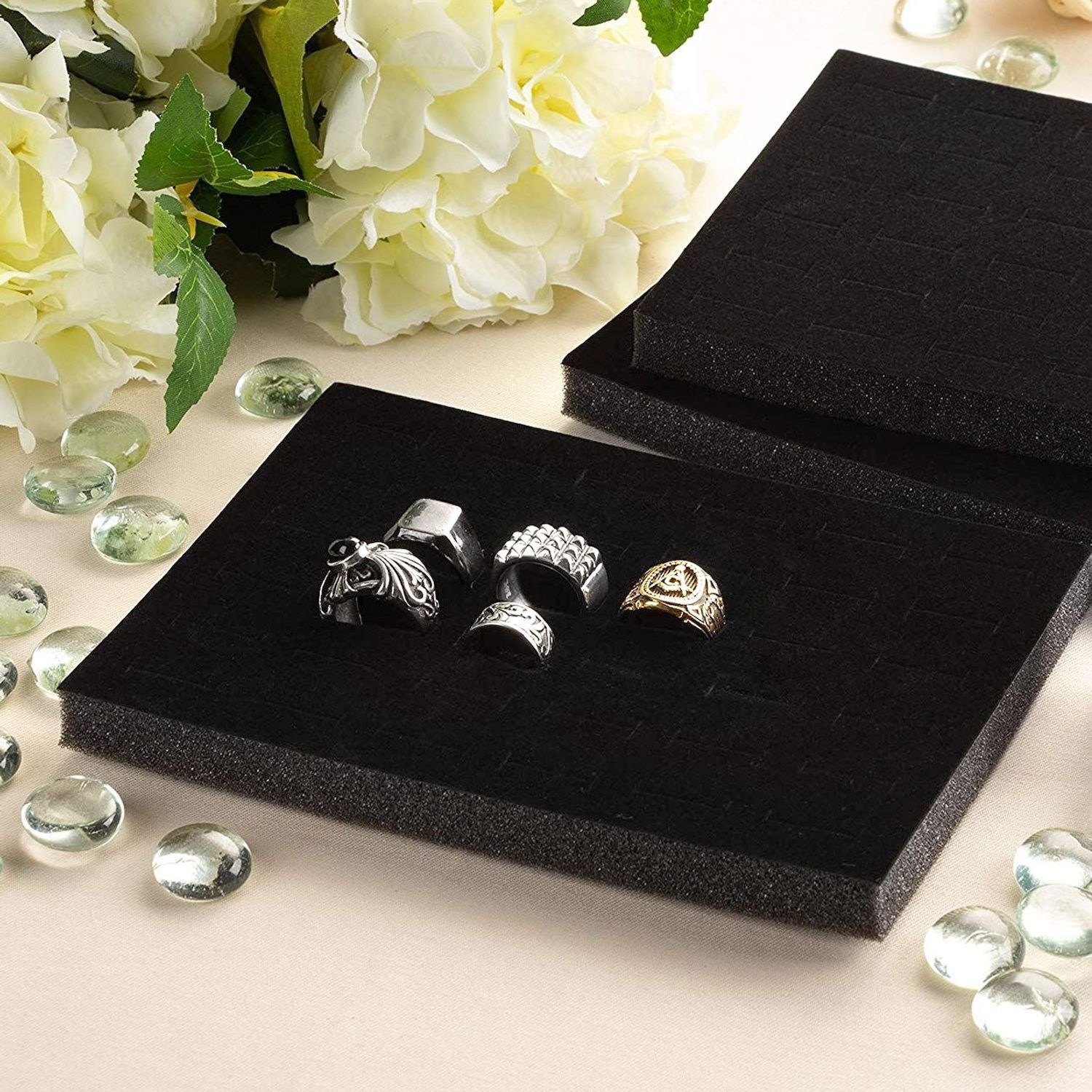 6 Black Velvet Jewelry Gift Boxes With Brass Accent Rings – Display Or Presentation