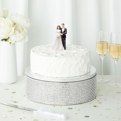 2 Piece Silver Rhinestone Cake Stand Set with 12" Cake Drum for Wedding Birthday