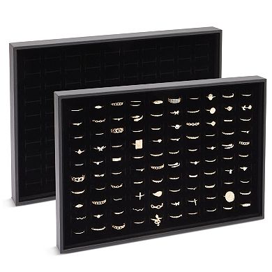 Ring Pad - 2-Pack Velvet Ring Display Pad with Faux Leather Case, 100-Slot Ring Box, 13.8 x 9.5 x 1.25-Inch Ring Foam, Jewelry Tray Insert for Accessory Storage