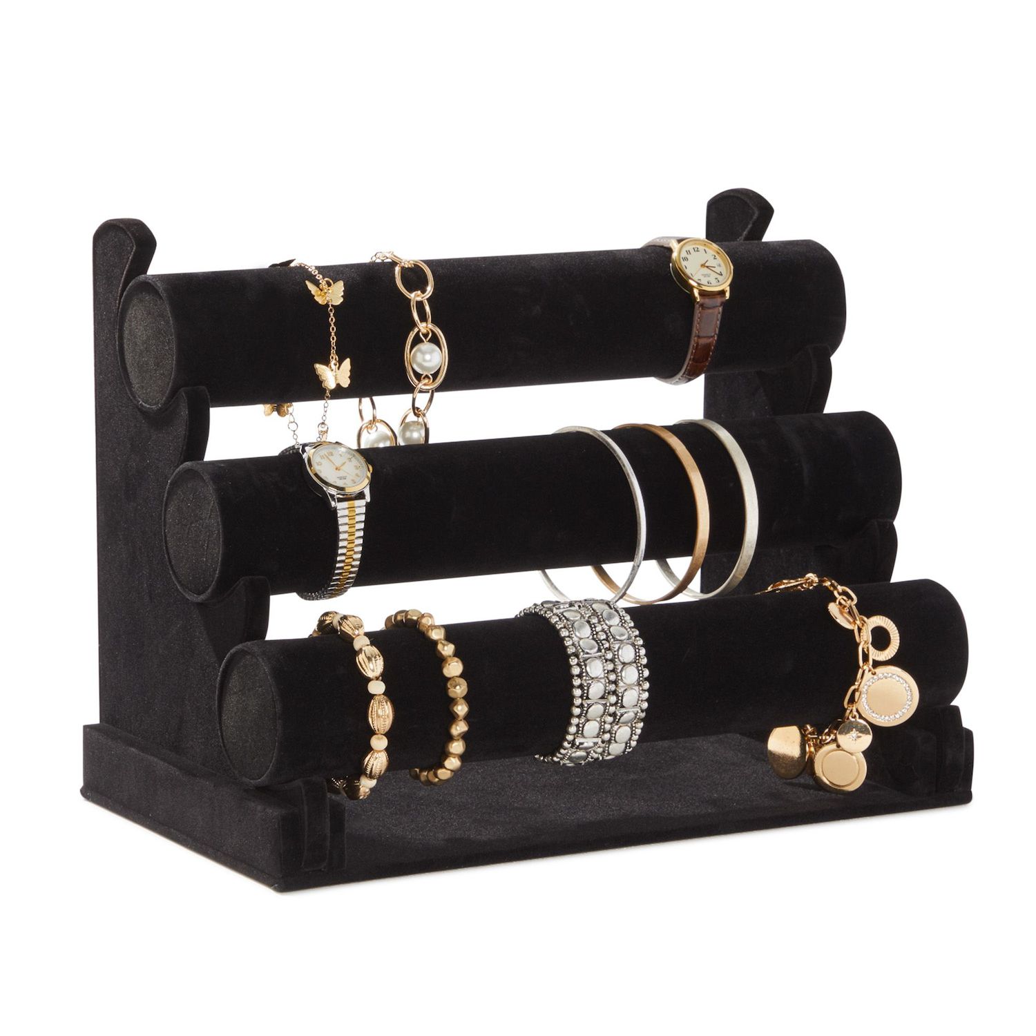 Bracelet Holder with Three Tier Rack Storage Holder Velvet Wood