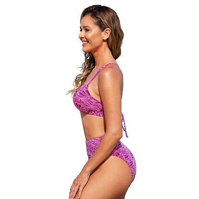 Cupshe Women's V Neck Scalloped High Waisted Floral Bikini Set