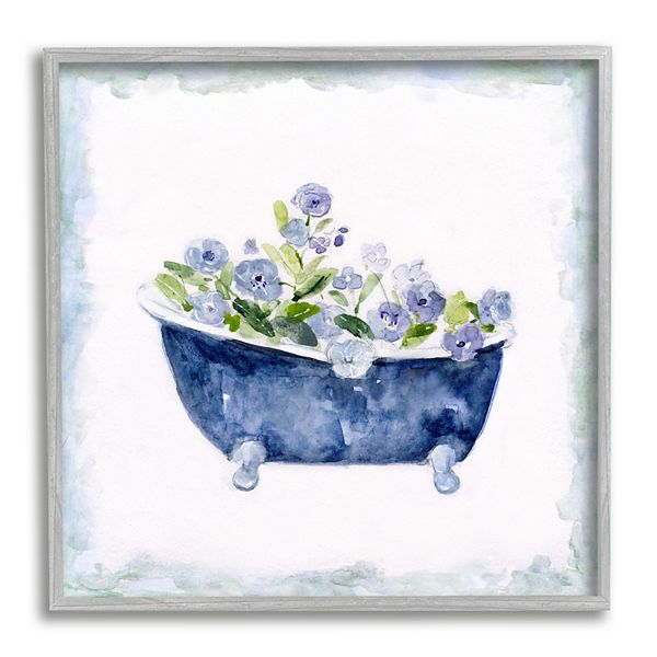 Stupell Home Decor Blue Floral Bathtub Framed Wall Art