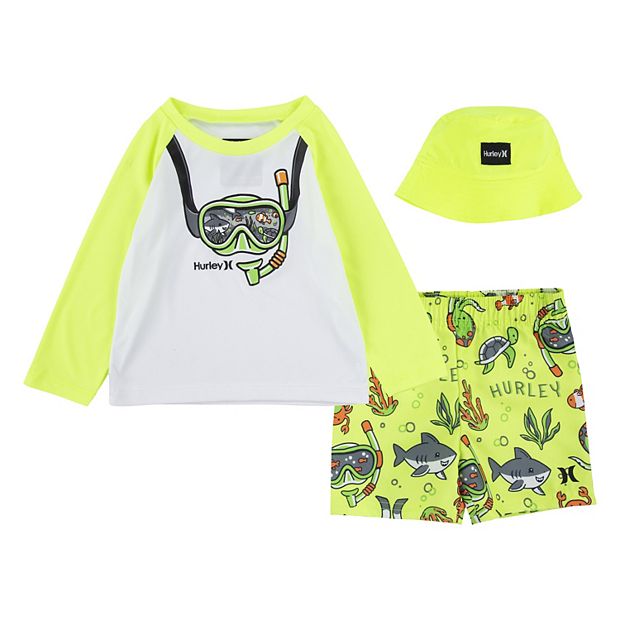 Baby Boy Hurley Scuba H20 Dri UPF 50 Raglan Rash Guard Hat Swim Trunks Set