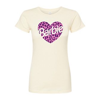 Juniors' Barbie Leopard Heart Logo Fitted Graphic Tee