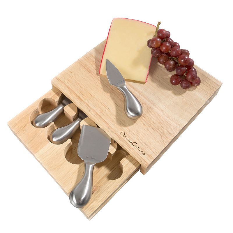 Cheese Board 5 piece Set with Stainless Steel Knives 8.6  x 8.25  by Classic Cuisine