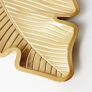 American Art Decor Gold Finish Leaf Decorative Wood Tray Table Decor