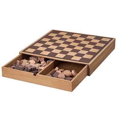 American Art Decor Wood Chess & Checkers Board Game Set with Storage Drawer
