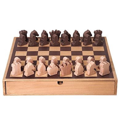 American Art Decor Wood Chess & Checkers Board Game Set with Storage Drawer