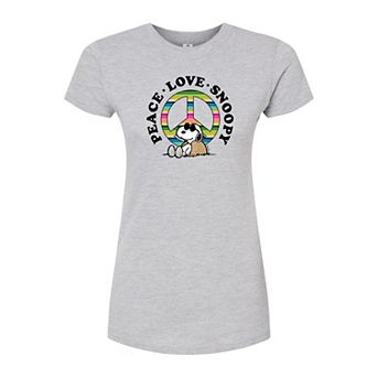Juniors' Peanuts "Peace Love Snoopy" Fitted Graphic Tee