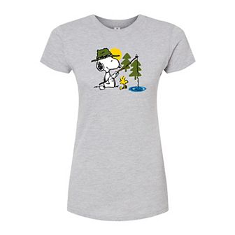 Juniors' Peanuts Snoopy Fishing Fitted Graphic Tee