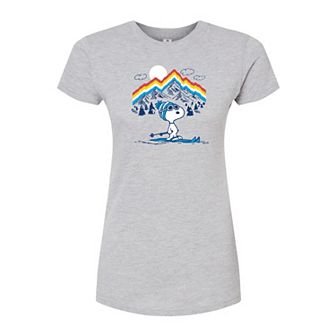 Juniors' Peanuts Retro Skiing Snoopy Fitted Graphic Tee