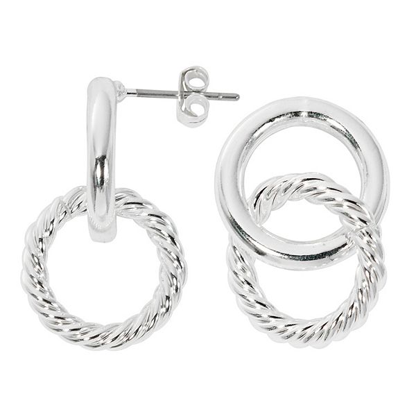 Danecraft Fine Silver Plated Polished & Textured Interlocking Hoop Drop Earrings