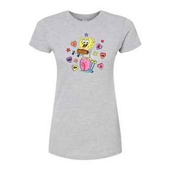 Juniors' Nickelodeon SpongeBob Gary & SpongeBob Candy Hearts Fitted Graphic Tee