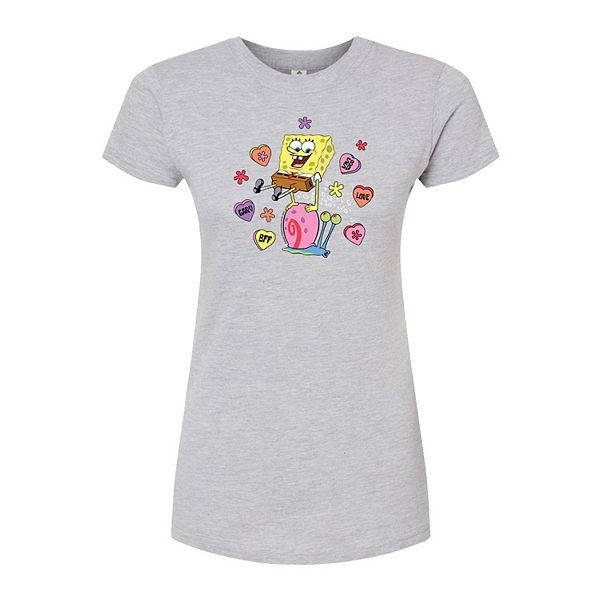 Juniors' SpongeBob Gary & SpongeBob Candy Hearts Fitted Graphic Tee
