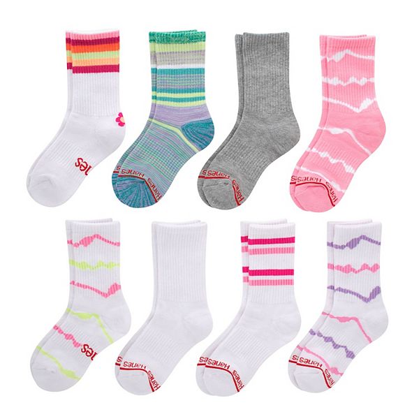 Girls Hanes® Originals Ultimate 8-Pack Moisture Wicking Crew Socks