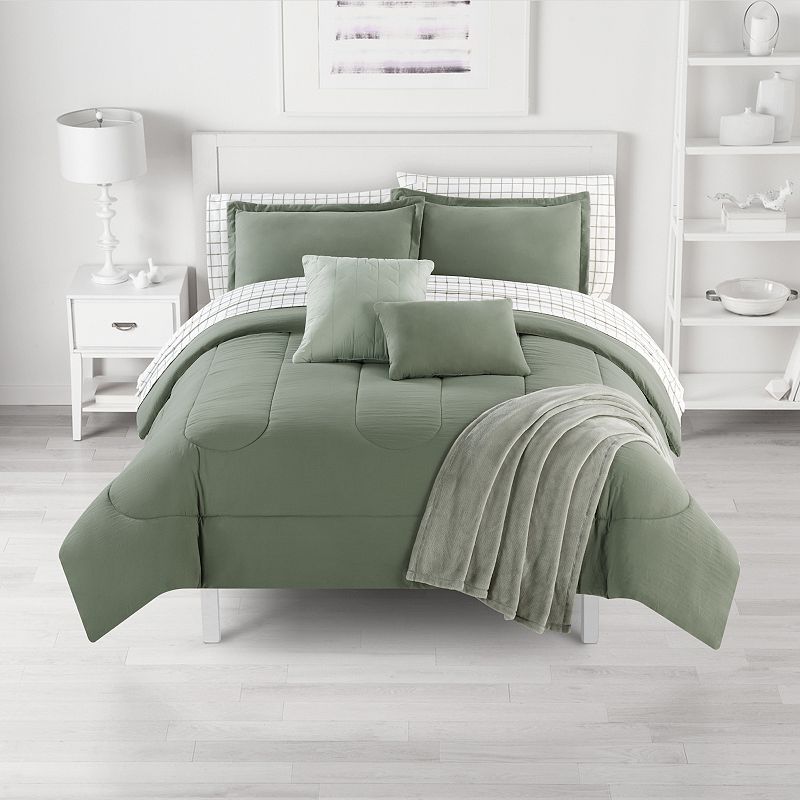 The Big One Green Solid Reversible Comforter Set with Sheets, Throw & Decor