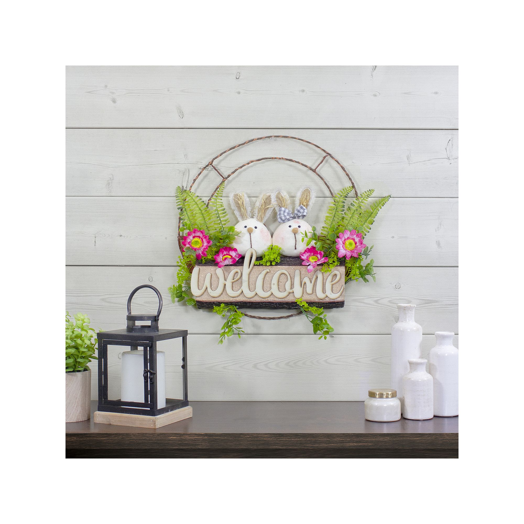 Northlight Rabbit Couple Artificial Floral Springtime Welcome Wreath, 