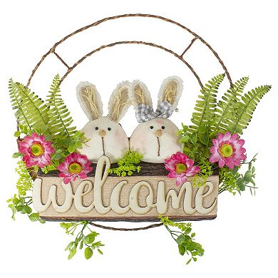 Northlight Rabbit Couple Artificial Floral Springtime "Welcome" Wreath