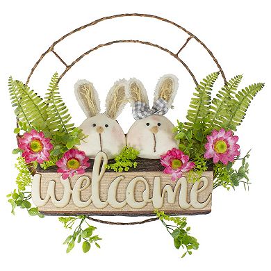 Northlight Rabbit Couple Artificial Floral Springtime "Welcome" Wreath 