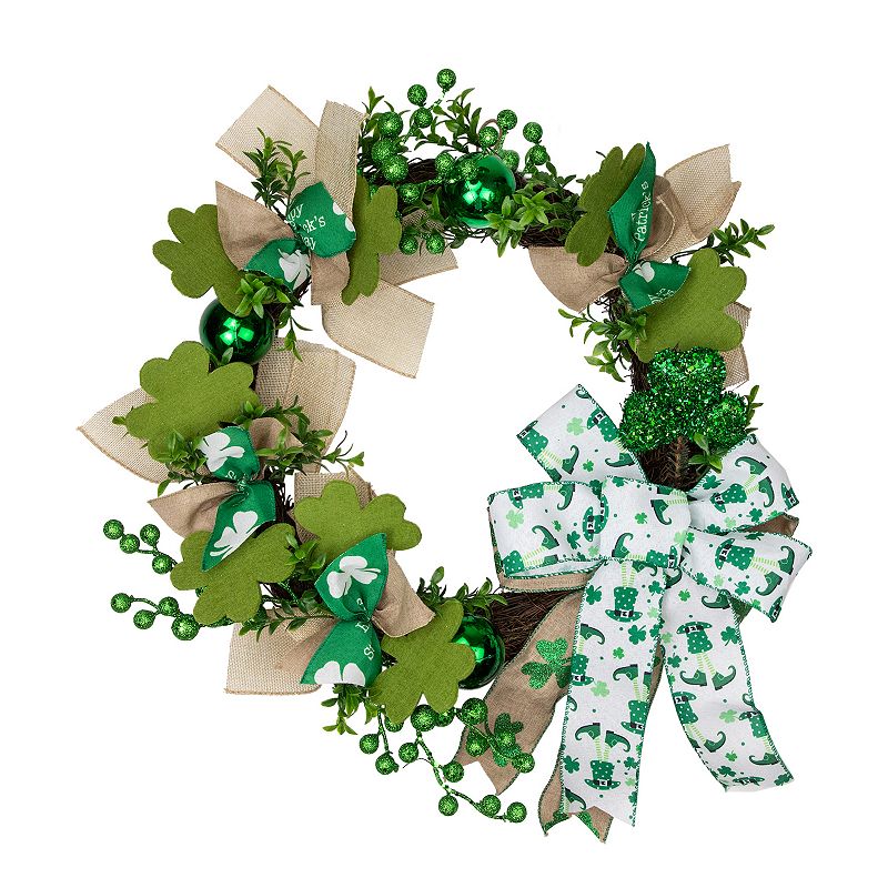 Northlight Burlap Bows Shamrocks St. Patricks Day Wreath, Green, 24