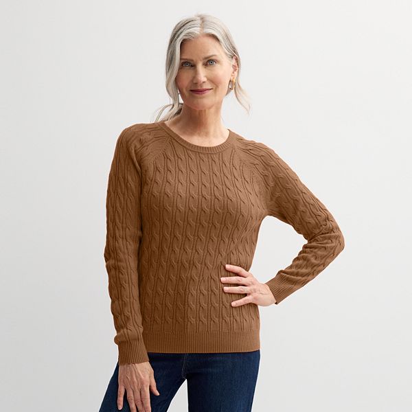 Women's Croft & Barrow® The Extra Soft Cabled Crew Neck Sweater - Camel Heather (X SMALL)