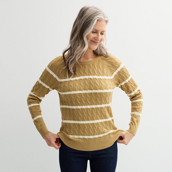 Women's Croft & Barrow® The Extra Soft Cabled Crew Neck Sweater - Tan Cozy Stripe (X SMALL)