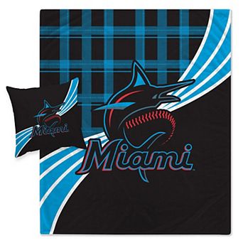Miami Marlins Plaid Wave Flannel Fleece Blanket & Pillow Combo Set