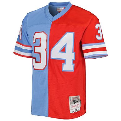 Men's Mitchell & Ness Earl Campbell Red/Light Blue Houston Oilers Gridiron Classics 1980 Split Legacy Replica Jersey