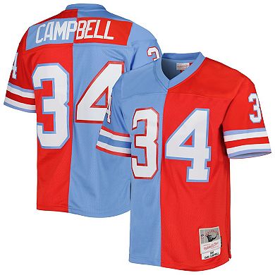 Men's Mitchell & Ness Earl Campbell Red/Light Blue Houston Oilers Gridiron Classics 1980 Split Legacy Replica Jersey