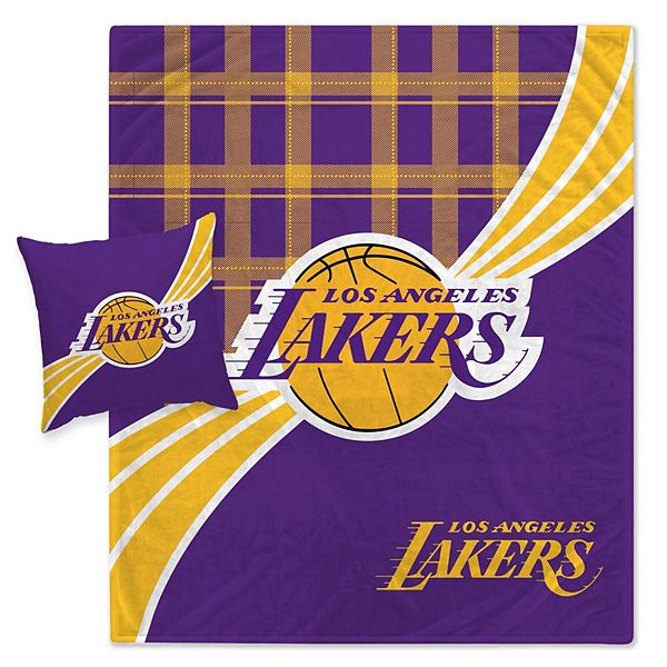 Los Angeles Lakers Plaid Wave Flannel Fleece Blanket & Pillow Combo Set