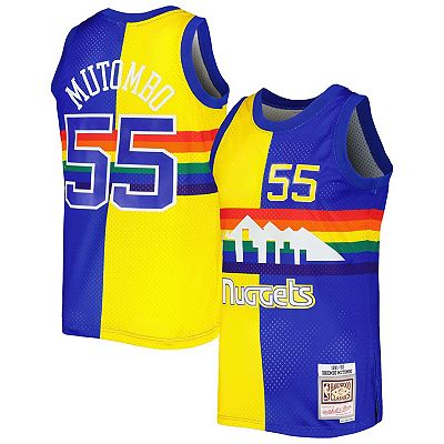 Men s Mitchell Ness Dikembe Mutombo Royal Gold Denver Nuggets Hardwood Classics 1991 92 Split Swingman