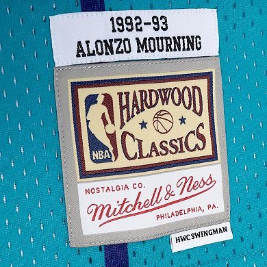 Men's Mitchell & Ness Alonzo Mourning Teal/Teal Charlotte Hornets Hardwood Classics 1992/93 Split Swingman Jersey